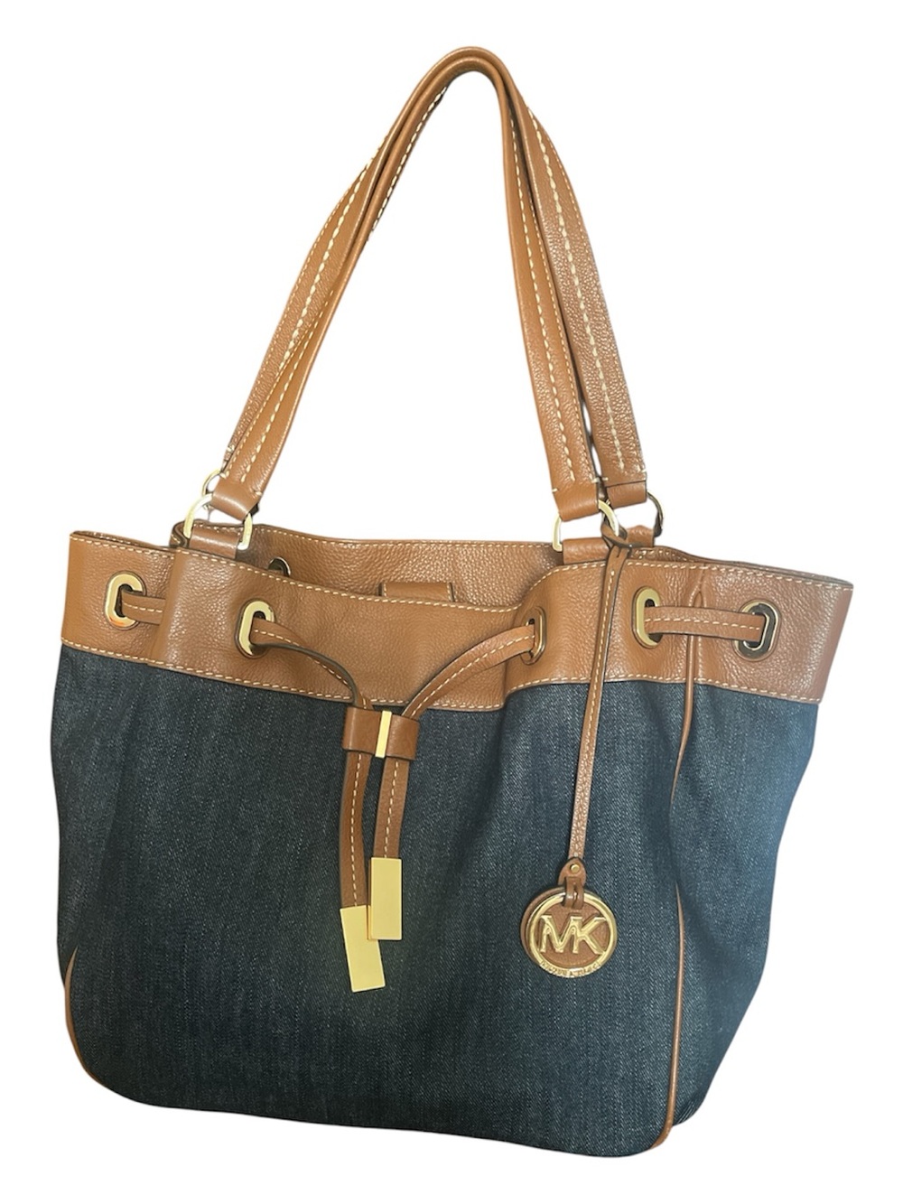 Michael Kors Tan Leather & Dark Denim Tote with Gold Hardware large bag